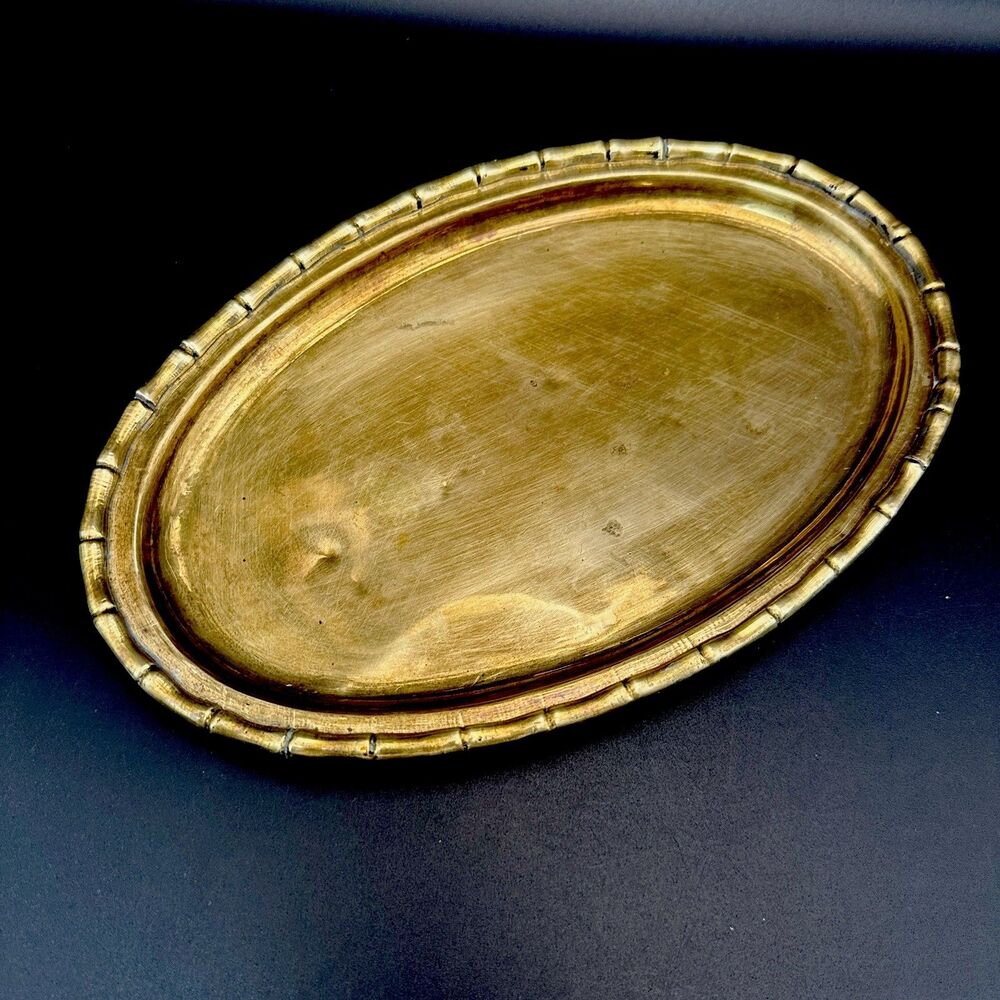 Vintage Brass Faux Bamboo Oval Vanity Tray Hollywood Regency MCM Catchall 10.25”